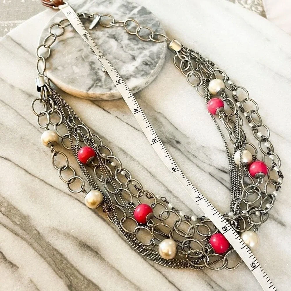 New York & Co Layered Silver Tone‎ Chain Necklace | Pink Bead | Multi Strand Y2K